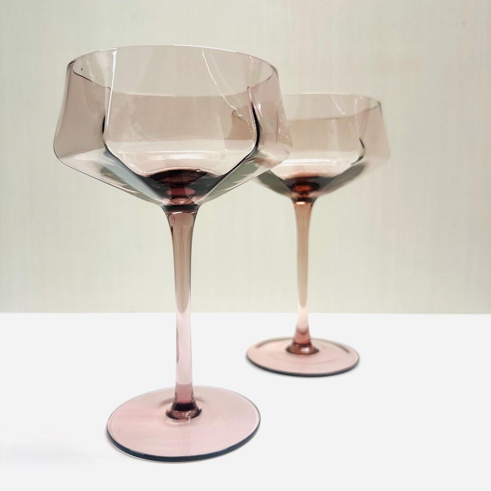 A Pair of Wine Glasses Coupe Facet Light Amethyst Glass Hexagon